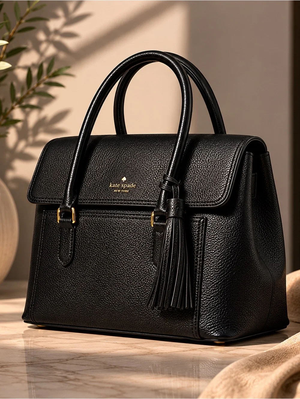 Kate Spade Black Pebbled Leather Satchel Tassel Top Handle Purse
